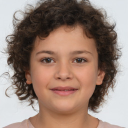 Joyful white child female with medium  brown hair and brown eyes