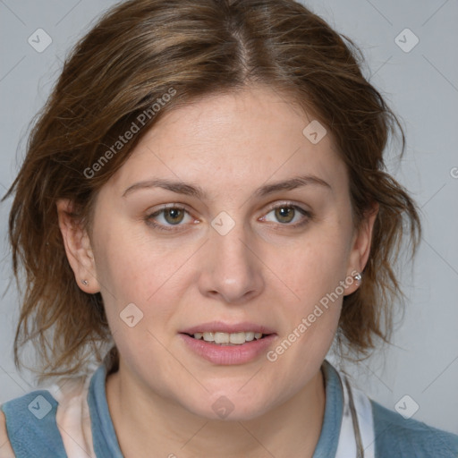 Joyful white young-adult female with medium  brown hair and blue eyes