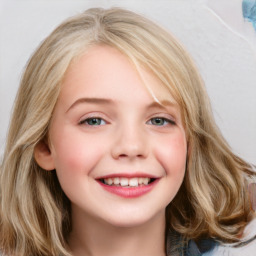 Joyful white child female with medium  brown hair and blue eyes