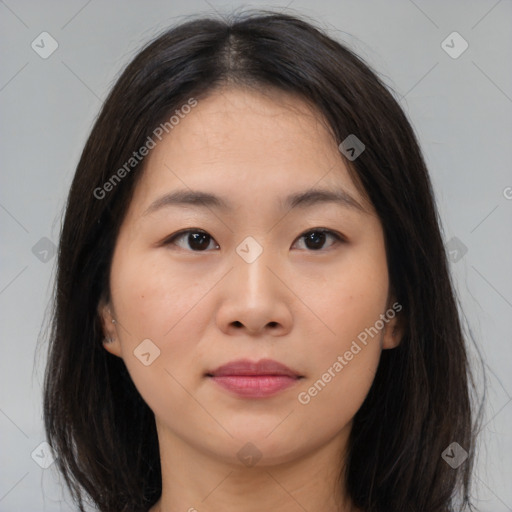 Neutral asian young-adult female with medium  brown hair and brown eyes