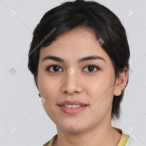 Joyful white young-adult female with medium  black hair and brown eyes