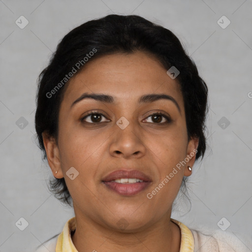 Joyful latino young-adult female with short  brown hair and brown eyes