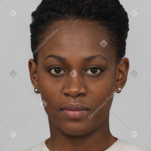 Neutral black young-adult female with short  brown hair and brown eyes