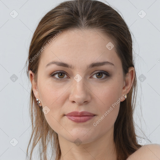 Joyful white young-adult female with long  brown hair and grey eyes