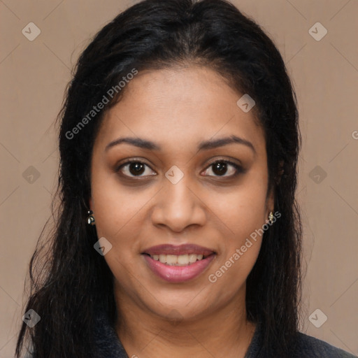 Joyful latino young-adult female with long  brown hair and brown eyes