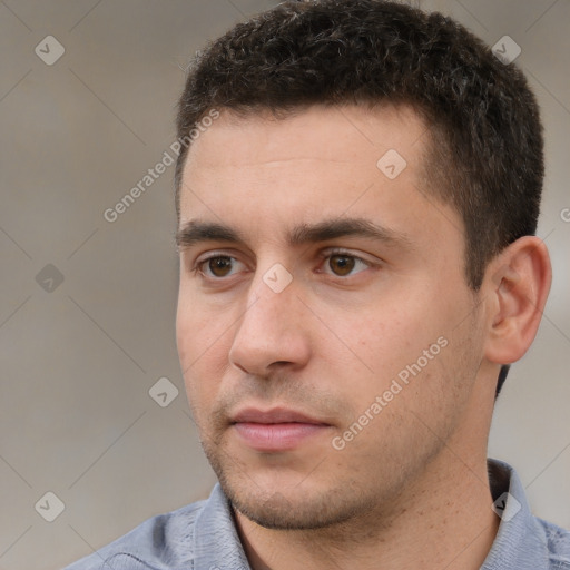 Neutral white young-adult male with short  brown hair and brown eyes