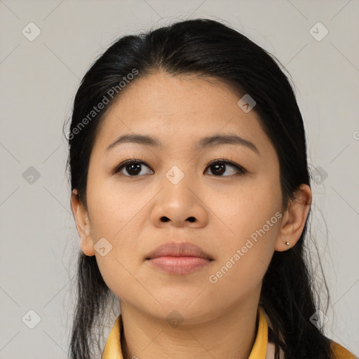 Neutral asian young-adult female with medium  black hair and brown eyes