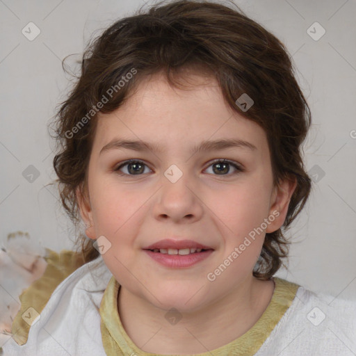 Joyful white child female with medium  brown hair and brown eyes