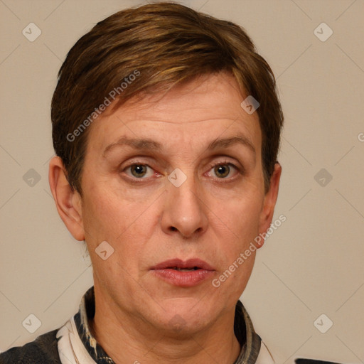 Neutral white adult female with short  brown hair and grey eyes