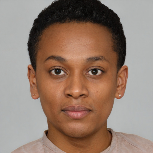 Neutral black young-adult female with short  brown hair and brown eyes