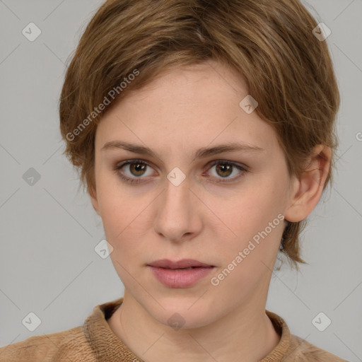 Neutral white young-adult female with medium  brown hair and brown eyes