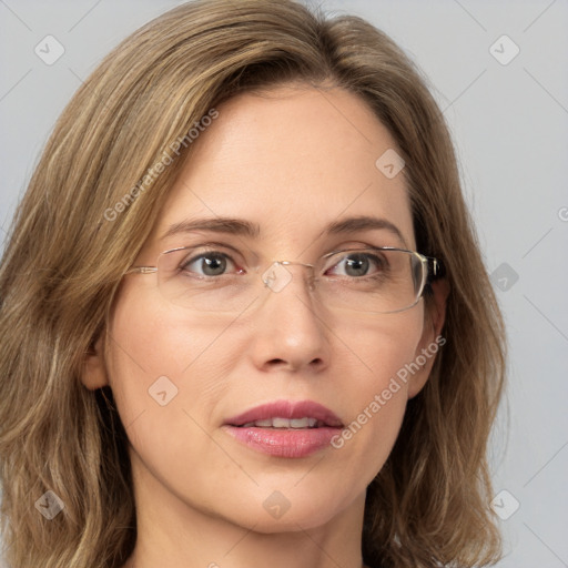 Joyful white young-adult female with medium  brown hair and green eyes