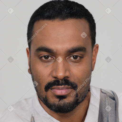 Neutral black young-adult male with short  black hair and brown eyes