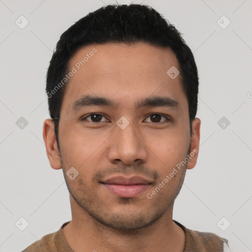 Neutral latino young-adult male with short  black hair and brown eyes