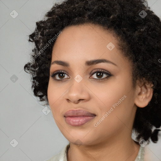 Joyful black young-adult female with medium  black hair and brown eyes