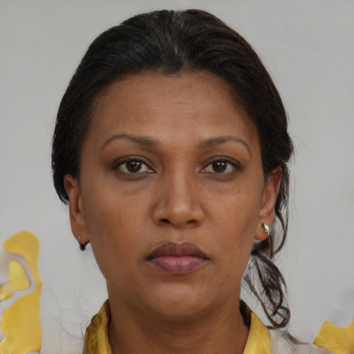 Neutral black young-adult female with short  brown hair and brown eyes