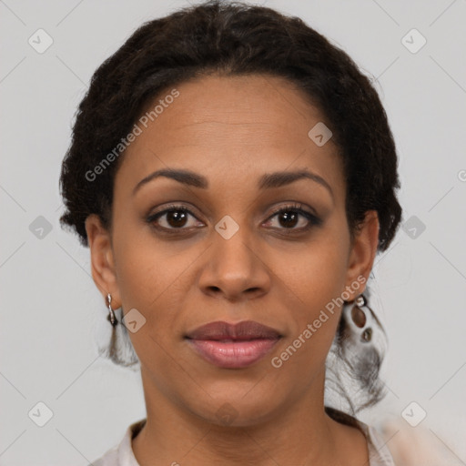 Joyful latino young-adult female with short  brown hair and brown eyes