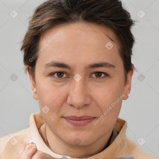 Joyful white young-adult female with short  brown hair and brown eyes