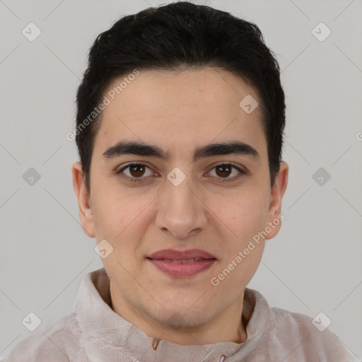 Joyful white young-adult male with short  brown hair and brown eyes