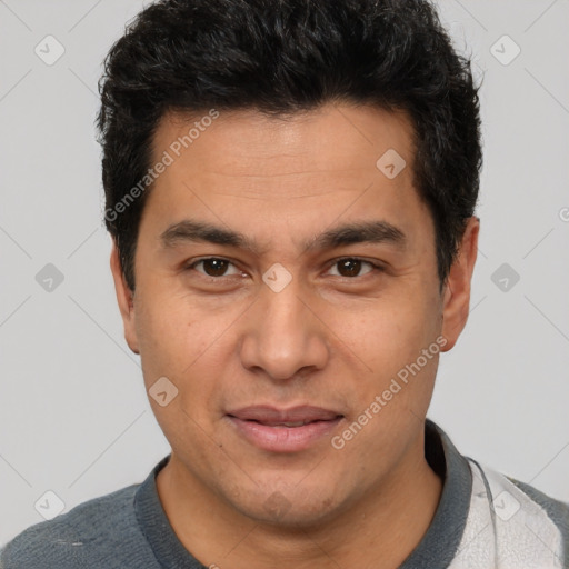 Joyful latino young-adult male with short  brown hair and brown eyes