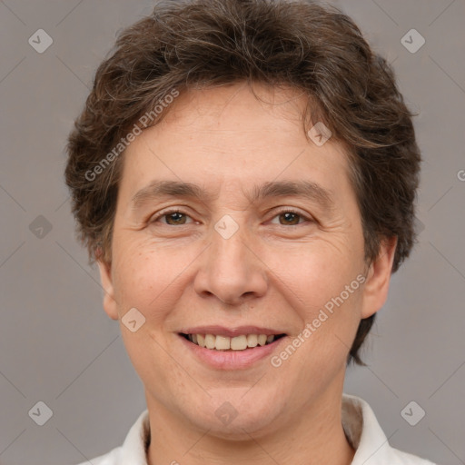 Joyful white adult female with short  brown hair and brown eyes