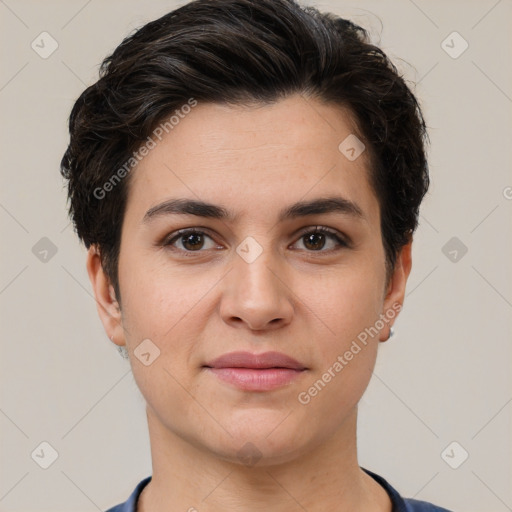 Joyful white young-adult female with short  brown hair and brown eyes