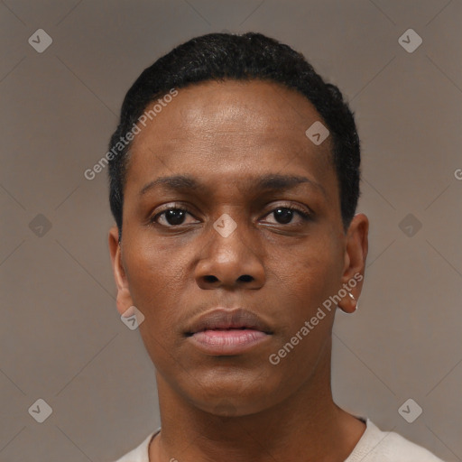 Neutral black young-adult male with short  black hair and brown eyes