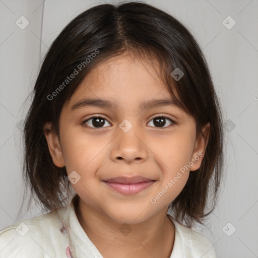 Joyful white child female with medium  brown hair and brown eyes