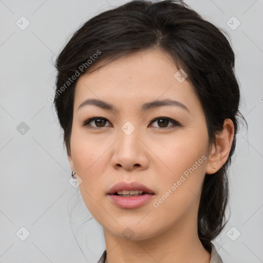 Neutral white young-adult female with medium  brown hair and brown eyes