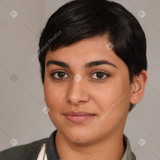 Joyful white young-adult female with medium  brown hair and brown eyes