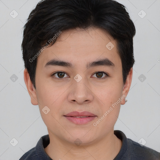 Joyful asian young-adult male with short  brown hair and brown eyes