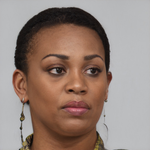 Neutral black young-adult female with short  brown hair and brown eyes