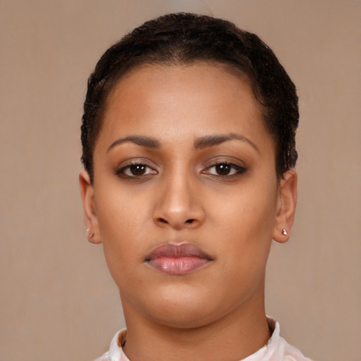 Neutral latino young-adult female with short  brown hair and brown eyes