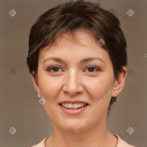 Joyful white young-adult female with short  brown hair and brown eyes