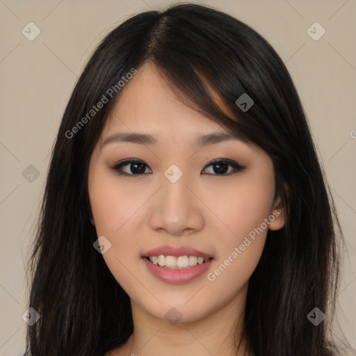 Joyful asian young-adult female with long  brown hair and brown eyes