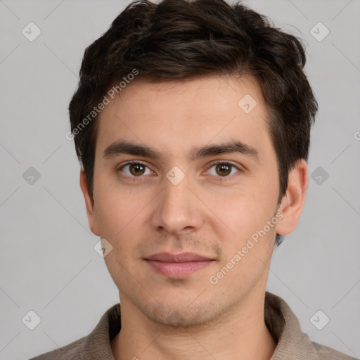 Neutral white young-adult male with short  brown hair and brown eyes