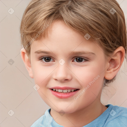 Joyful white child female with short  brown hair and brown eyes