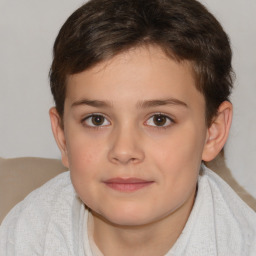 Joyful white child female with short  brown hair and brown eyes