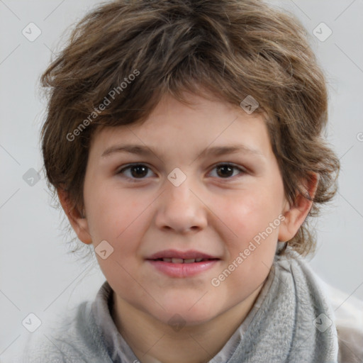 Joyful white child female with medium  brown hair and brown eyes