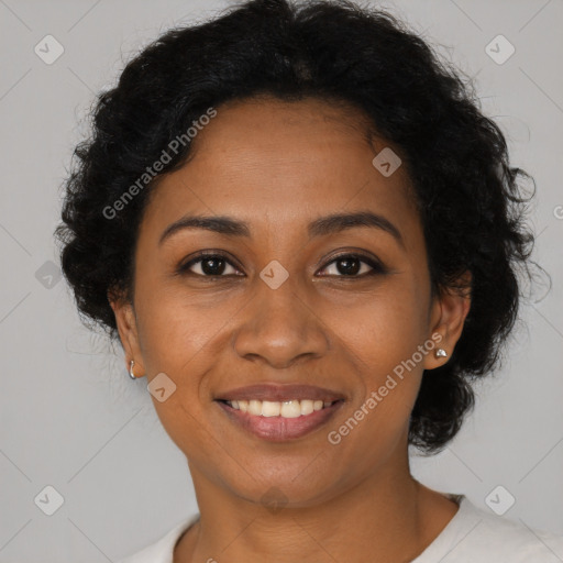 Joyful latino young-adult female with short  brown hair and brown eyes