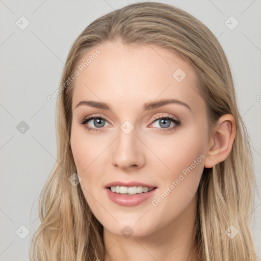 Joyful white young-adult female with long  brown hair and blue eyes