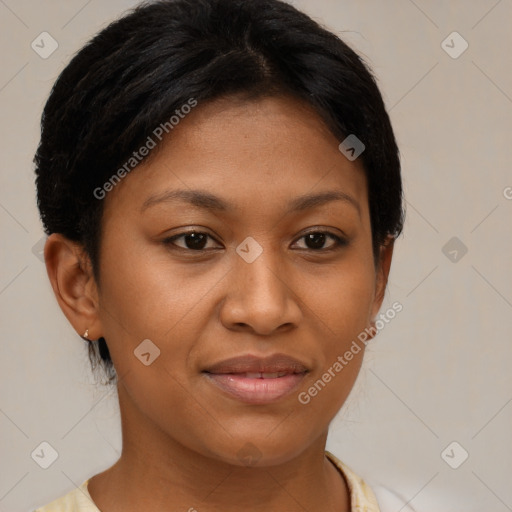 Joyful black young-adult female with short  brown hair and brown eyes