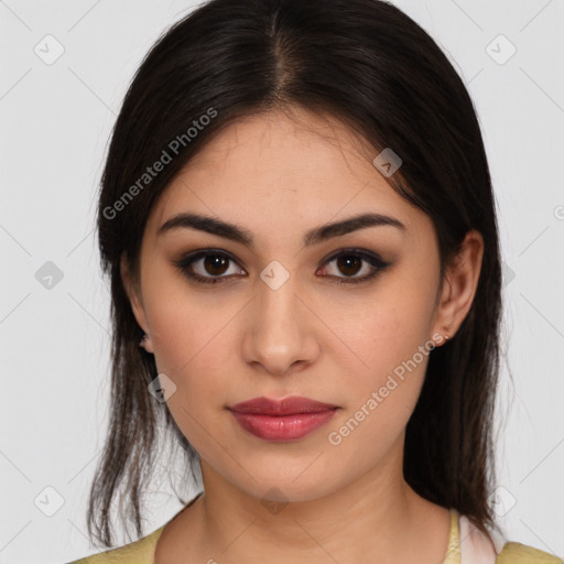 Joyful white young-adult female with medium  brown hair and brown eyes