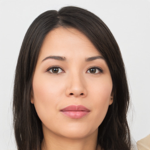 Neutral asian young-adult female with long  brown hair and brown eyes