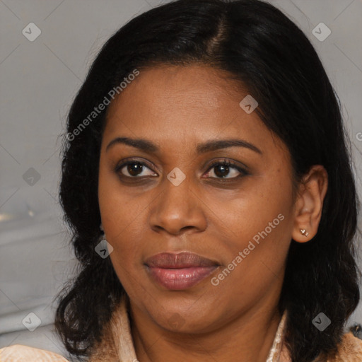 Joyful black young-adult female with medium  brown hair and brown eyes