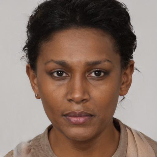 Neutral black young-adult female with short  brown hair and brown eyes