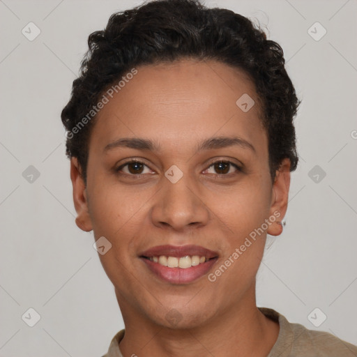 Joyful latino young-adult female with short  brown hair and brown eyes