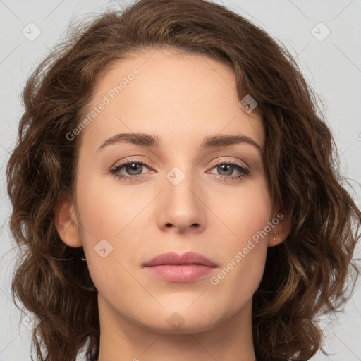 Neutral white young-adult female with long  brown hair and brown eyes