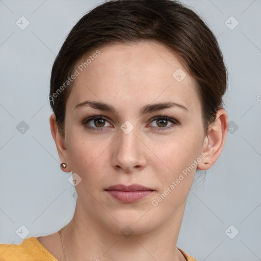 Neutral white young-adult female with short  brown hair and brown eyes