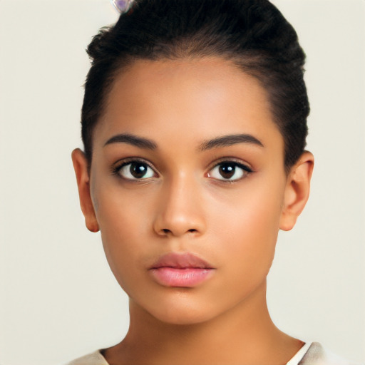 Neutral latino young-adult female with short  black hair and brown eyes